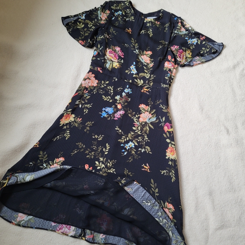 Vintage 40's Style Midi Dress Black Floral W/ Birds Women's Size 4